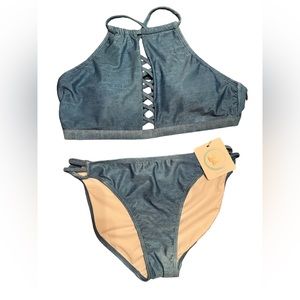 Halter top denim color bikini 2 piece set